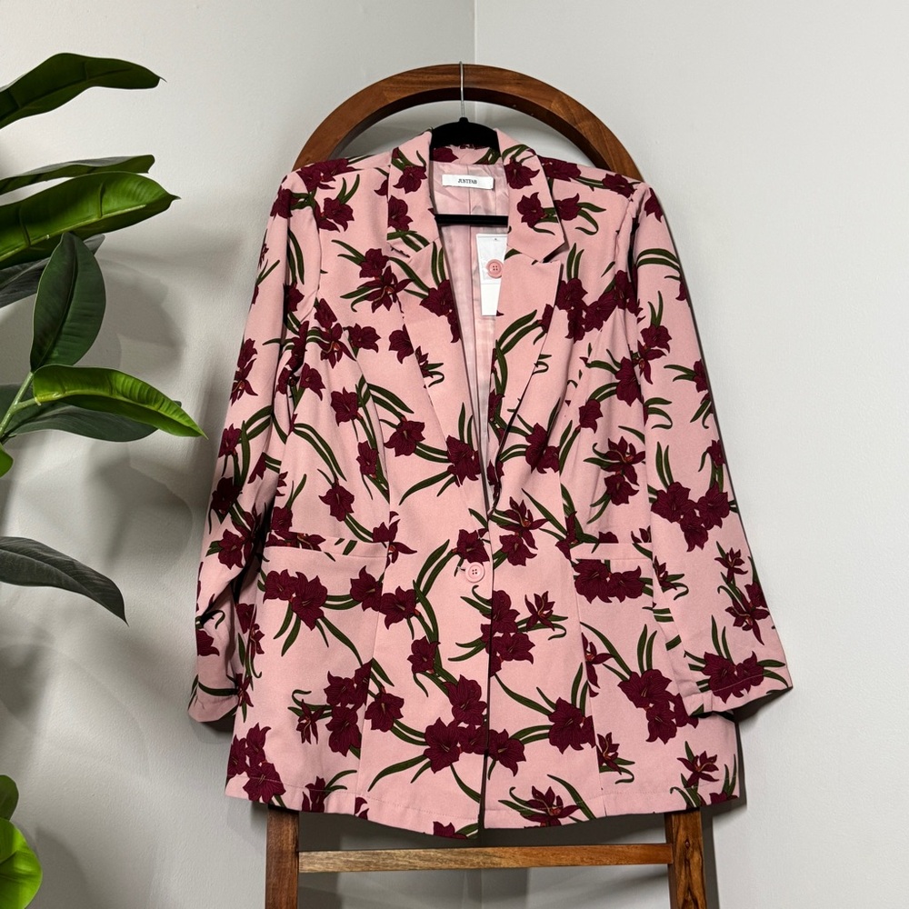 JustFab 1X Pink Floral Cinched Back Blazer Jacket NEW